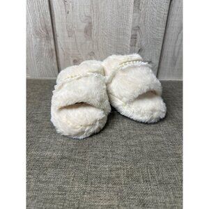 Womens Fuzzy Open Toe Slippers Pearl & Ribbon Trim Non-Slip Sole Size S 6-8